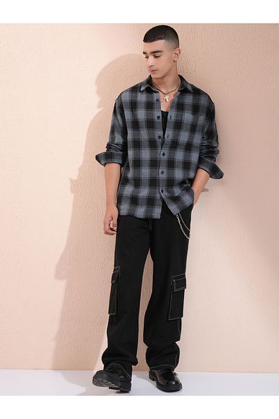 Highlander By Styli Checked Oversized Collared Shirt with Pocket