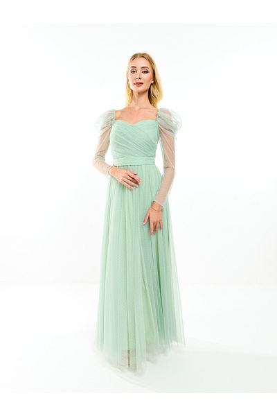 House of Moda By Styli Gathered Mesh Puff Sleeve Maxi Dress with Waist Belt Detail