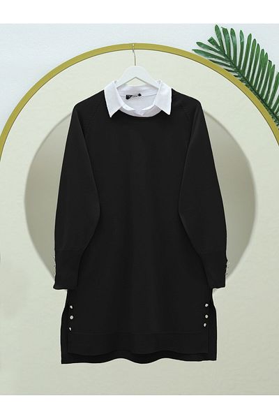 Modamorfo Split Knitwear Tunic with Button Detail on Sleeves and Skirts -Black