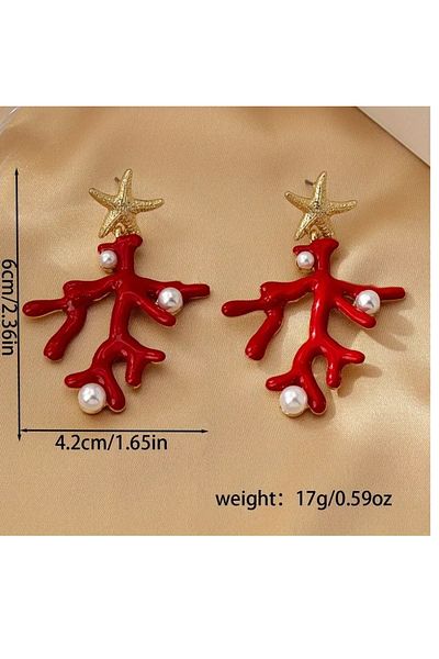 mos&more Red Coral Gold Pearl Lightweight Women's Earrings