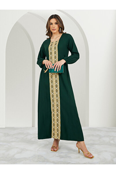 Styli Square Neck A-Line Jalabiya with Lace Panel Detail
