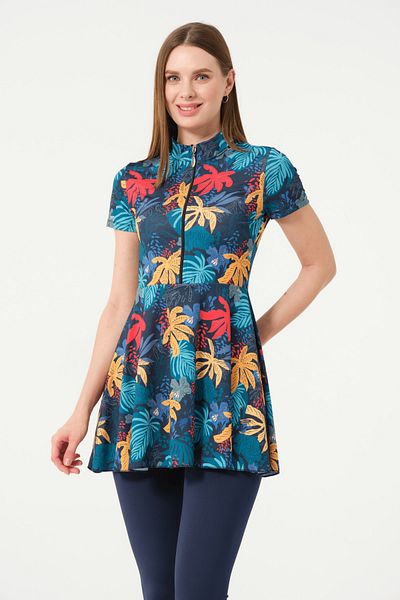 İYİBU Set de costume de baie pentru femei, cu mâneci scurte, 4 piese - sus, jos, bonetă, bustieră