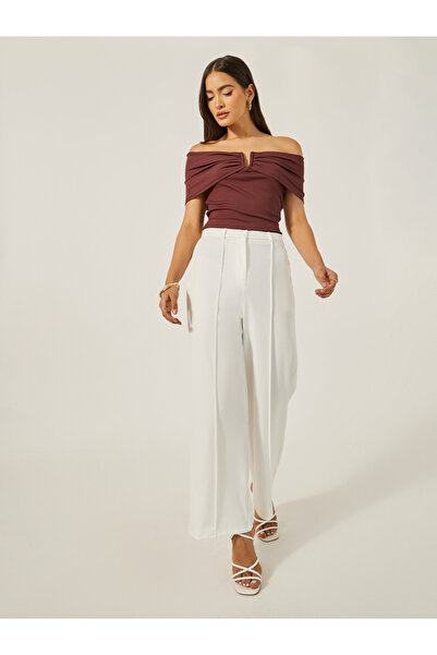 Styli Mid Rise Wide Leg Pants with Pintuck Detail