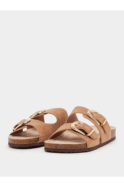 Styli Suede Look Slip-On Flat Sandals with Buckle Detail