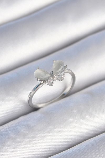 shopwave Brass Silver Color Zircon Stone White Enamel Butterfly Model Women's Ring