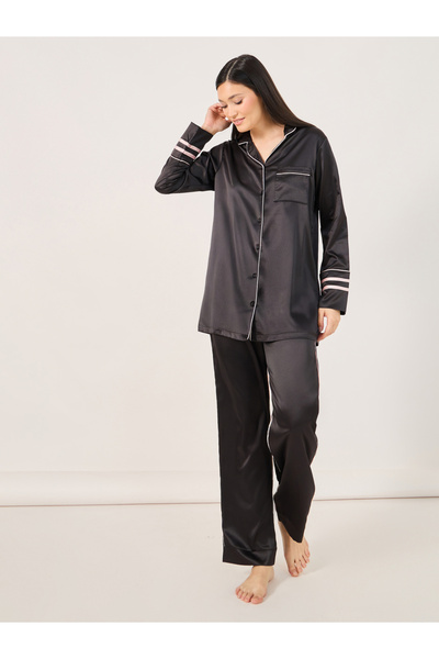 Styli طقم قميص طويل وبيجامة بتفاصيل حواف متباينة