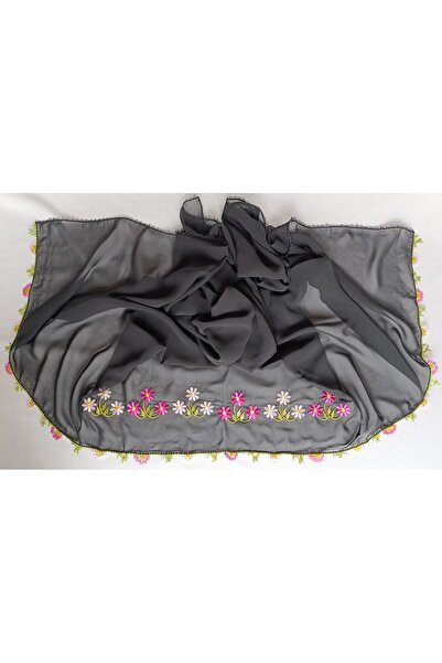 Bircan Hediyelik Önü Nakışlı İğne Oyası Siyah Krep Baş Örtüsü Eşarp Namaz Bezi