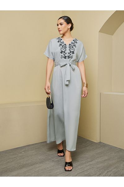Styli Embroidered Satin Jalabiya with Waist Tie Detail