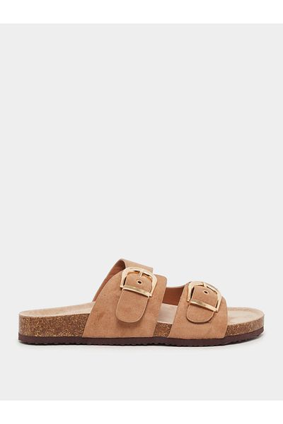 Styli Suede Look Slip-On Flat Sandals with Buckle Detail