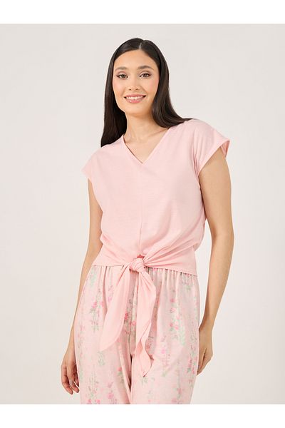 Styli V Neck Tie Front T-Shirt and Floral Pyjama Set