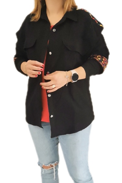 ÇİZGİN Zade Consept Siyah Omuz Nakışlı Oversize Keten Gömlek