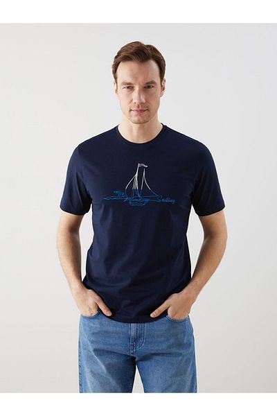 LC Waikiki Ανδρικό μπλουζάκι LCWAIKIKI Classic Navy Blue Crew Neck με στάμπα από βαμβακερό χτενισμένο βαμβάκι