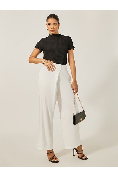 Styli High Rise Straight Fit Pants with Cross Over Waistband Detail