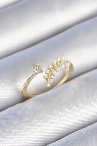 shopwave Brass Gold Color Zircon Stone Pearl Leaf Model Women's Ring