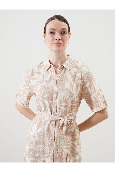 LC Waikiki Lcw Grace Beige Floral Linen Blended Women's Shirt Dress