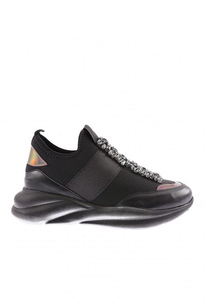 DGN Women's Stretch Detailed Crystal Stone Sneakers Shoes Black 3333137