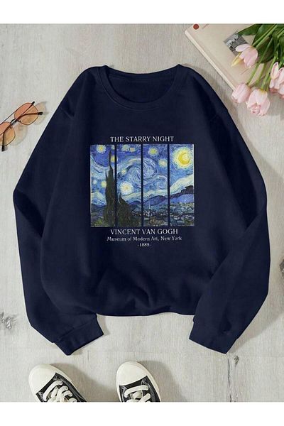 SEDA IŞIKLAR Μπλουζάκι με στάμπα Van Gogh Unisex Oversize με κόψιμο πίσω