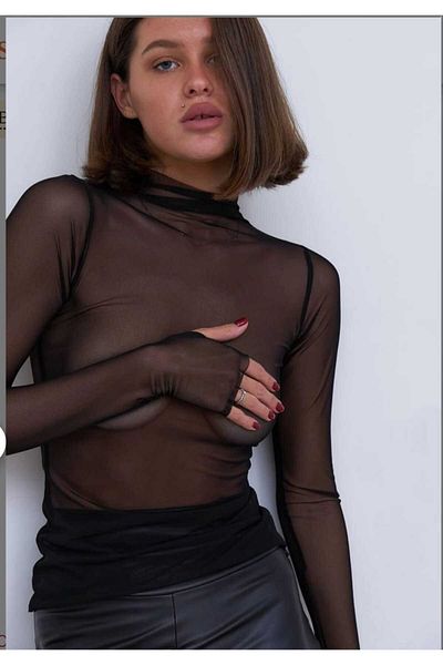 charango Γυναικεία μπλούζα με λαιμόκοψη Bodycon Finger Snap Lycra Tulle Style