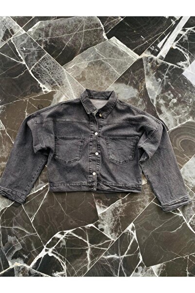 Default Kadın Denim Crop Oversize Kot Ceket