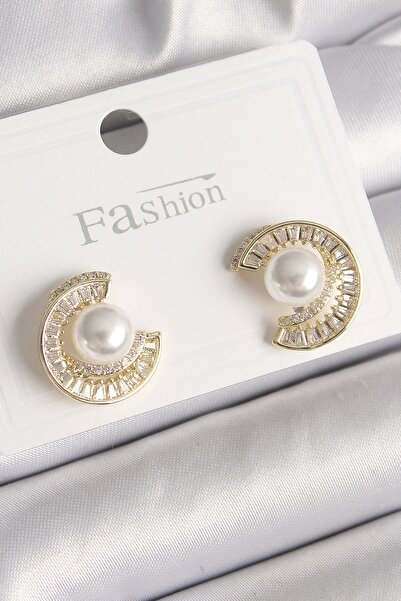shopwave Rice gold color zircon stone snail model pearl detail women's earrings