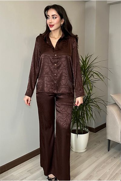 AB LOOKS Women's Aurelia Flush Jacquard Satin Shirt Pants Double Set Leopard Patterned Bottom Top Set