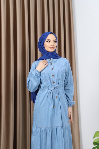 Pamuk Butik Γυναικείο τζιν φόρεμα με τσέπη στο στήθος και λεπτομέρεια με κορδόνι