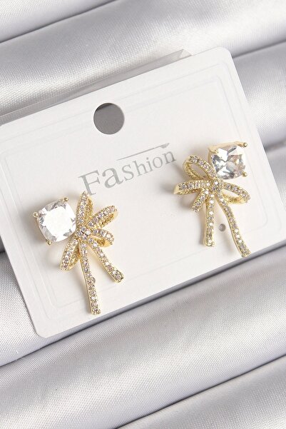 shopwave Brass Gold Color Zircon Stone Ribbon Model Women's Earrings