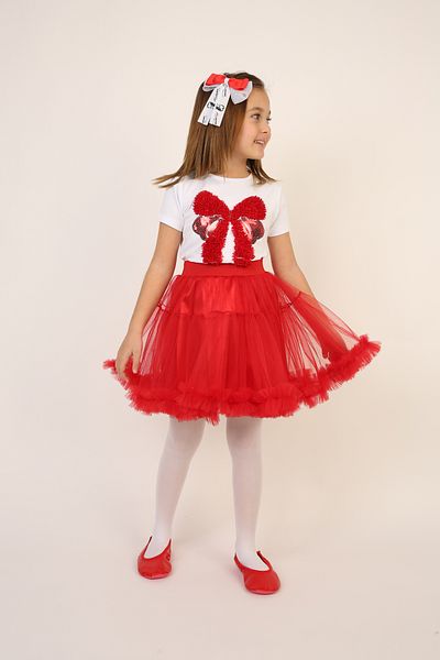 Dıgıl Kids Red Skirt Bow T-Shirt Girls' Bottom-Top Suit April 23 October Goruntu Clothes