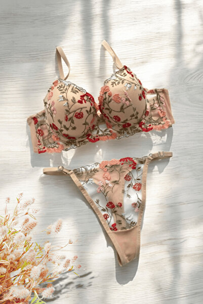 Luvensa Bej Çiçek Desenli Dolgulu Sütyen Takım (Sütyen & Tanga)