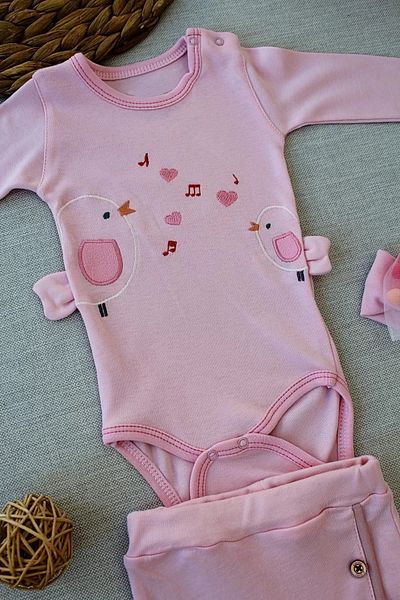Mu Art Ahşap 3-6 6-9 9-12 Months Singer Birds Embroidered Bandana Long Sleeve Bodysuit 3 Piece Baby Girl Set Pink
