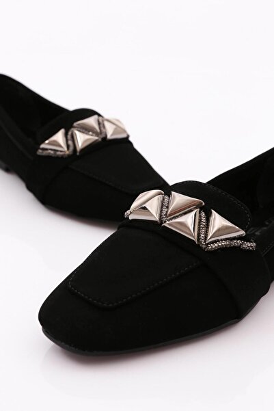 DGN Kadın Silver Taş Metal Tokalı Loafer Siyah Velvet 61122534