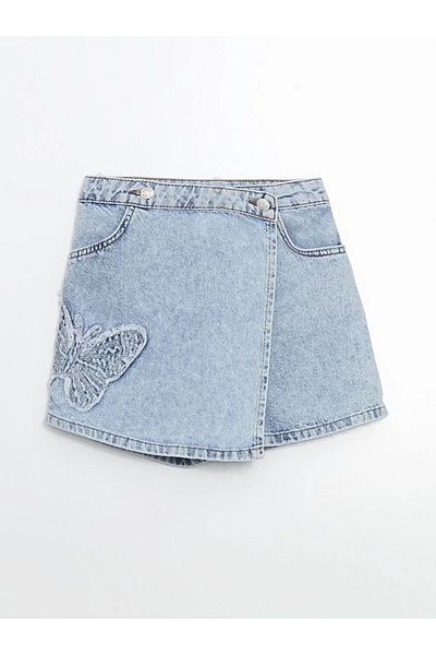 LC Waikiki Fusta scurtă de jeans pentru fete LCW Kids Blue Butterfly Brodat