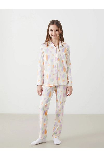 LC Waikiki Kids Beige Shirt Collar Girls Pajamas Set