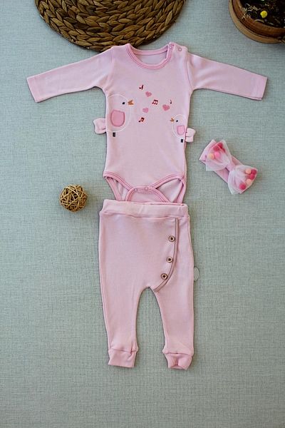 Mu Art Ahşap 3-6 6-9 9-12 Months Singer Birds Embroidered Bandana Long Sleeve Bodysuit 3 Piece Baby Girl Set Pink