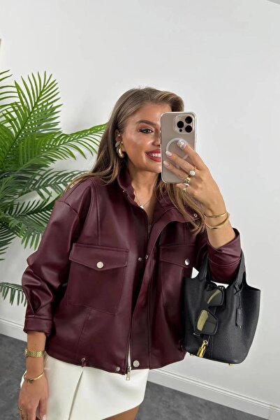 Jaglion Bordo Cep Detaylı Kadın Deri Ceket