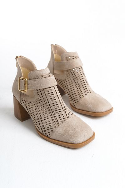MARSEDO Γυναικείες καλοκαιρινές μπότες Tara Beige - Κομψή αμβλεία μύτη και διάτρητο χοντρό τακούνι