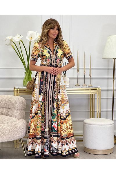 Kashaya Women's Sik and Elegant Print Long Dress, Complete with Modern and Classic Details.
