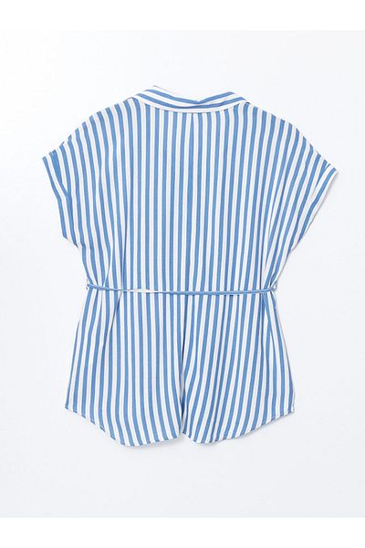 LC Waikiki Lcw Comfort Blue Casual Fit Women's Crinkle Waist Tie Shirt