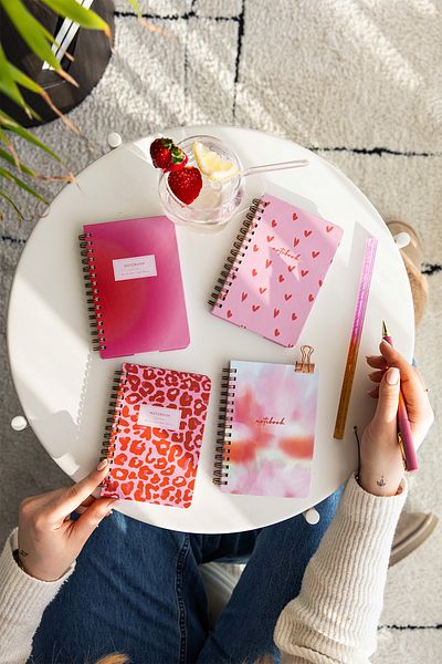 PAPERORA 9X14 cm Hard Cover Spiral Striped 4-Pocket Notepad Set - Pink