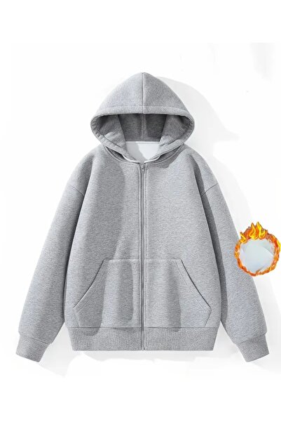 GRİ KADIN KAPİŞONLU SWEATSHİRT FERMUARLI