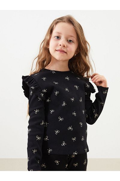 LC Waikiki Crew Neck Ribbon Printed Girl's Blouse and Leggings 2-Piece