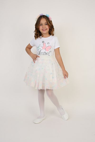 Dıgıl Kids White Floral Detailed White T-Shirt/Skirt Girl's Bottom Top Set
