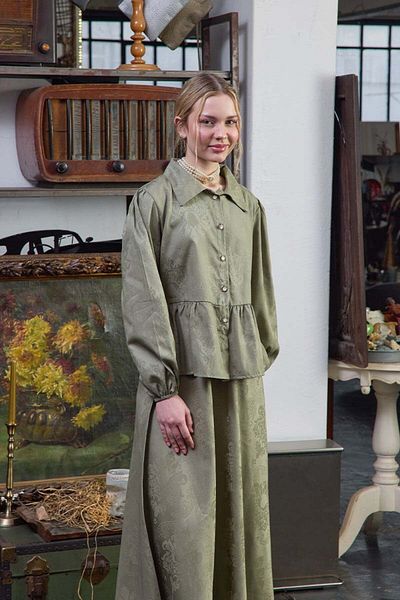 Ceylan Otantik Çağla Green Jacquard Shirt Skirt Set