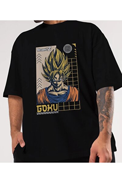 weywot Tricou negru oversize cu imprimeu frontal Super Saiyan Goku