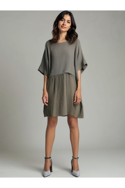 AYASOFYA OTANTIK Women's Italian Mink Top Mesh Detail 100% Cotton Linen Short Sleeve Lined Dress