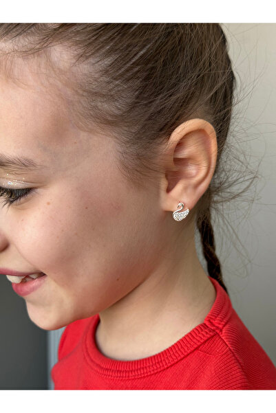 LITTLELUXE Zirkon Taşlı Kuğu Gümüş Çocuk Küpe, 925 Ayar Gümüş Kız Çocuk Küpe, Çocuk Gümüş Küpe