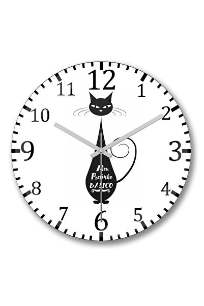 BASKI DÜNYASI ساعة حائط Meu Pretinho Basico Cat Cat من الزجاج الحقيقي المنحني