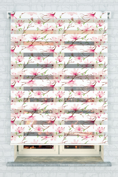 akel collection Mutfak Odası Pembe Manolya Desenli Baskılı Zebra Stor Perde