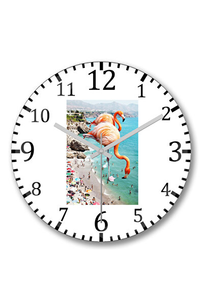 BASKI DÜNYASI Ceas de perete Flamingos On The Beach din sticlă autentică bombată