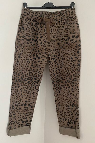 AYASOFYA OTANTIK Women's Italian Mink Leopard Pattern Waist Tied Skinny Trousers